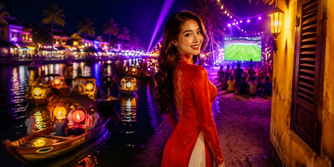 Người phụ nữ mặc áo dài tại Hội An theo dõi kết quả bóng đá và cá cược trực tuyến